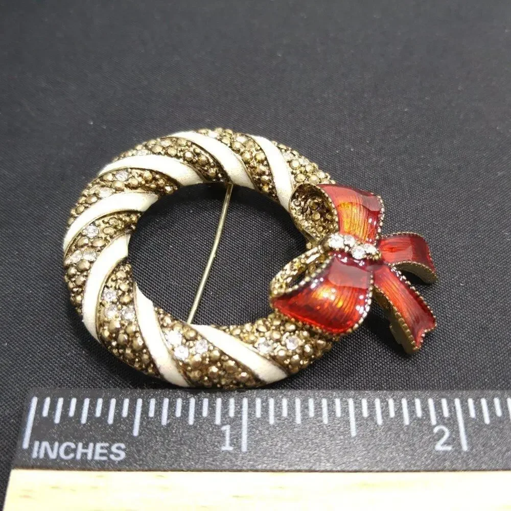 Vintage Christmas Wreath Enamel Brooch, Red Bow, 1960s, 2 Inches